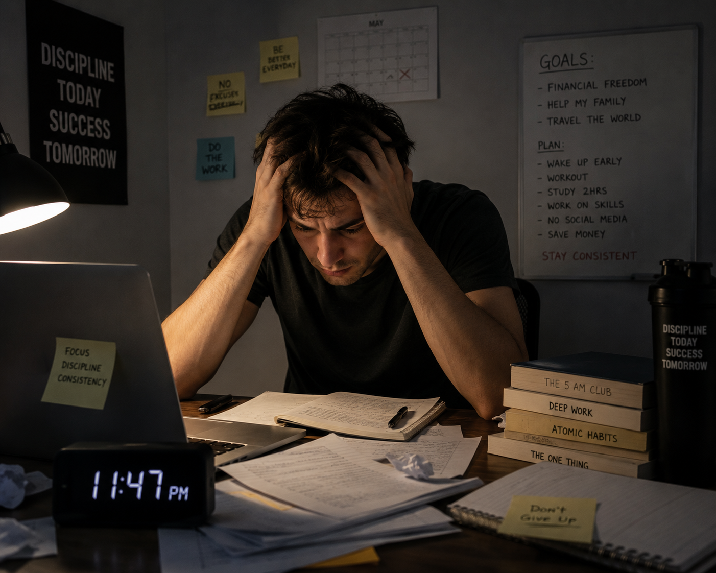 A stressed person at a desk surrounded by notes and plans